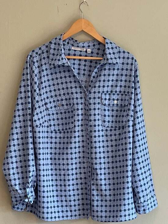 Notations Woman Tops - Y2K Women's‎ 2XL Vibrant Blue Geometric Diamond Print Roll-Tab Sleeve Blouse